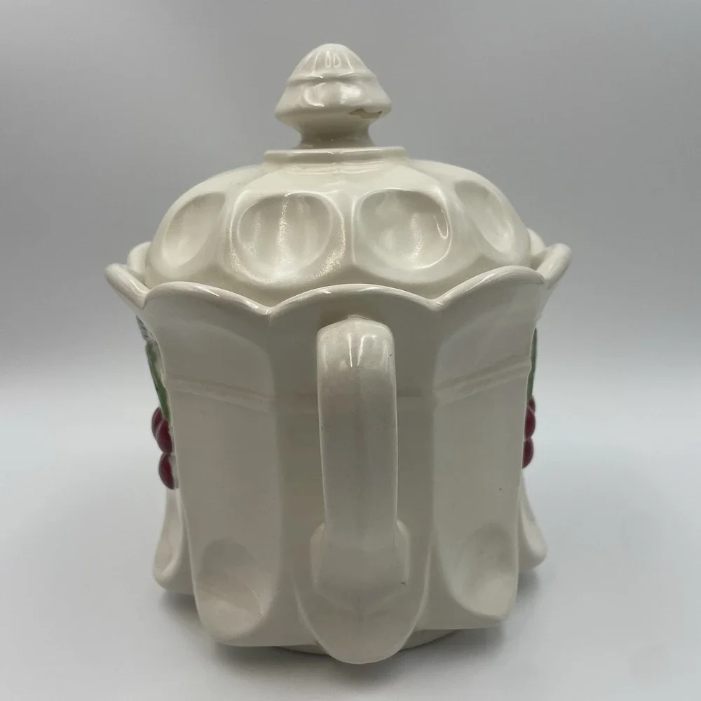Vintage Hand‎ painted White Ceramic Cookie Jar With Lid -Red Cherries Thumbprint